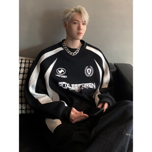 特大码300斤字母圆领卫衣男春秋美式高街重磅青少年潮牌宽松外套2