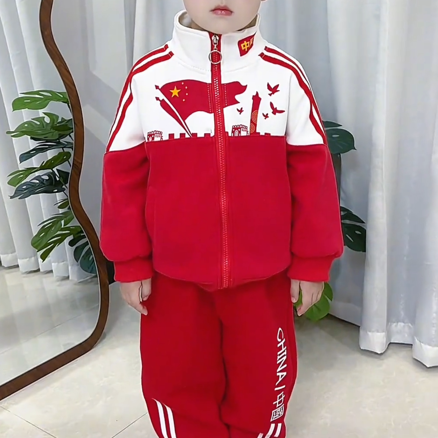 女童春装套装儿童运动服两件套洋气男童新款中国风红色春季童装潮