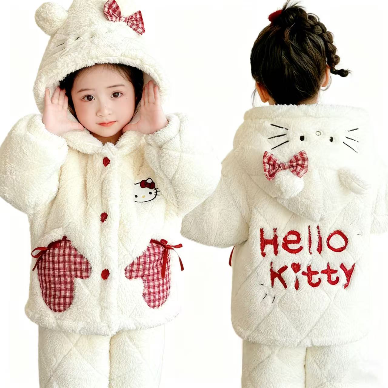 女童睡衣冬季三层加厚夹棉开衫连帽套装女宝宝冬装加绒儿童家居服