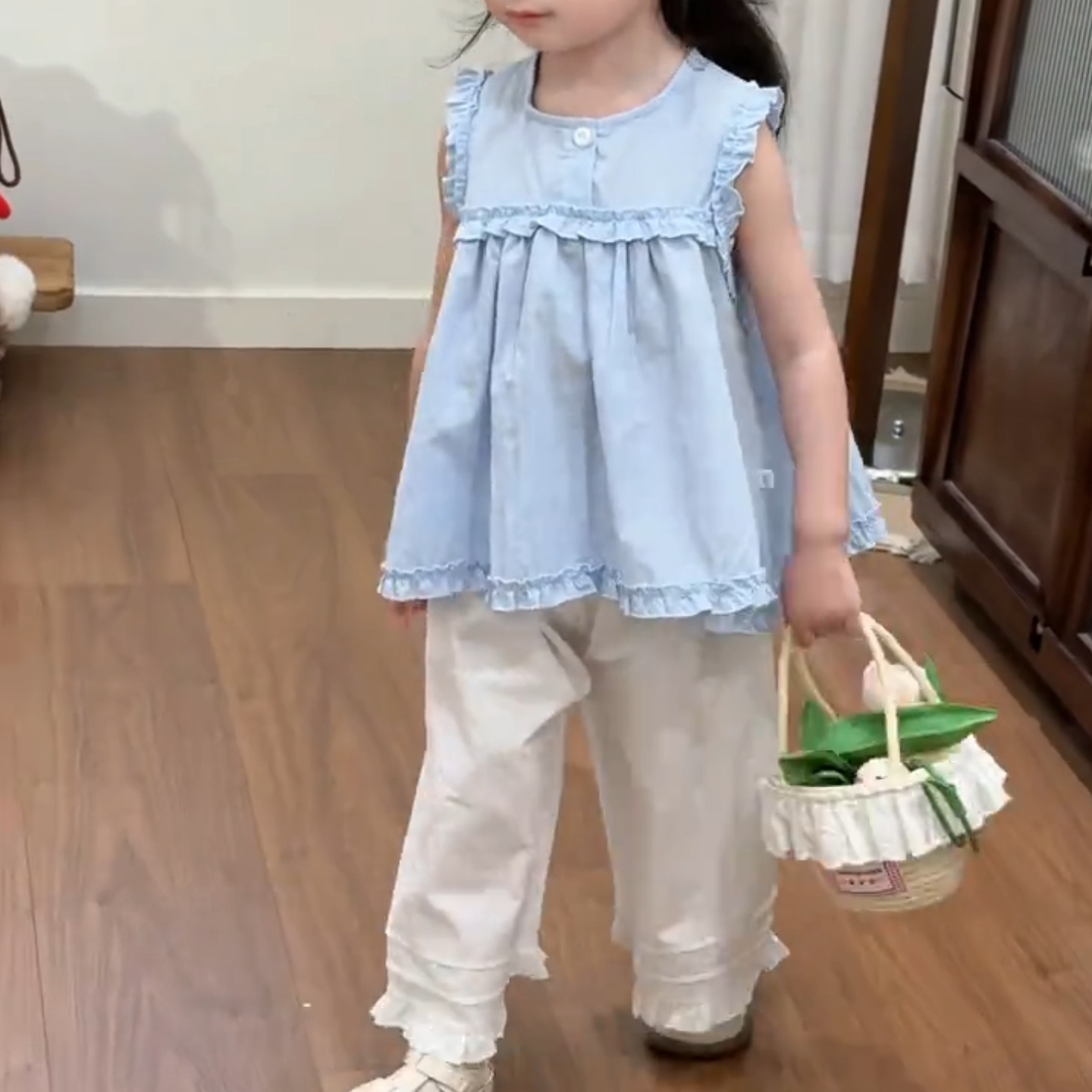 亲子装母女夏季新款冰感花边背心配阔腿裤套装女宝宝洋气夏装整套