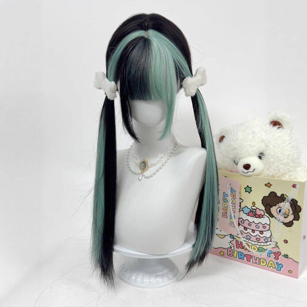 纤韵佳人假发女薄荷脆巧lolita少女圣诞节黑挑染薄荷绿长直全头套