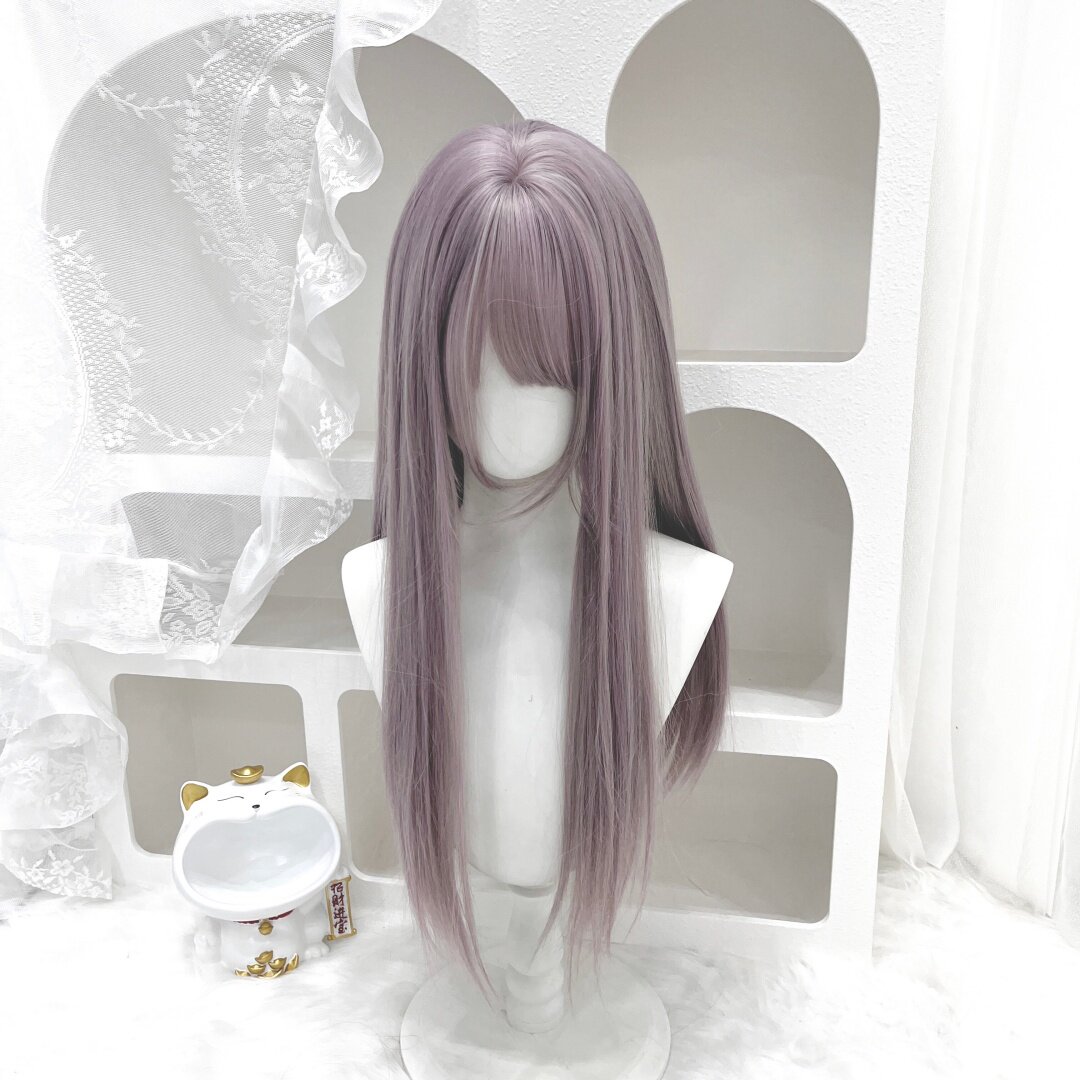 纤韵佳人假发女灰紫色Lolita自然齐刘海双马尾长直发jk全头套式
