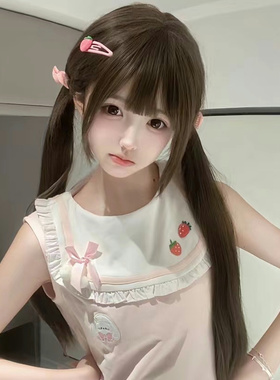 纤韵佳人假发黑长直双马尾萌妹少萝齐刘海冷棕色60cm直发点点兔