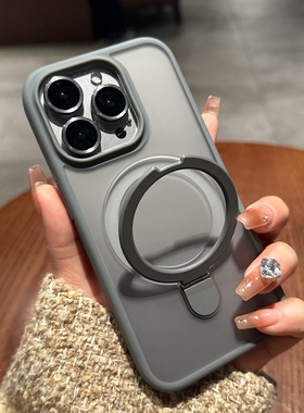 新款钛灰色磁吸支架适用苹果15promax手机壳iphone14promax新款无线充电15plus带镜头膜14pm全包13防摔12套11
