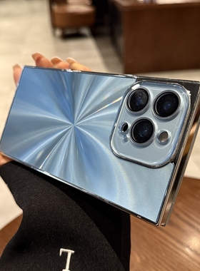 蓝色极光CD纹适用iphone16promax手机壳15苹果16新款方形电镀保护套14镭射13pro简约高级PM带镜头膜全包防摔