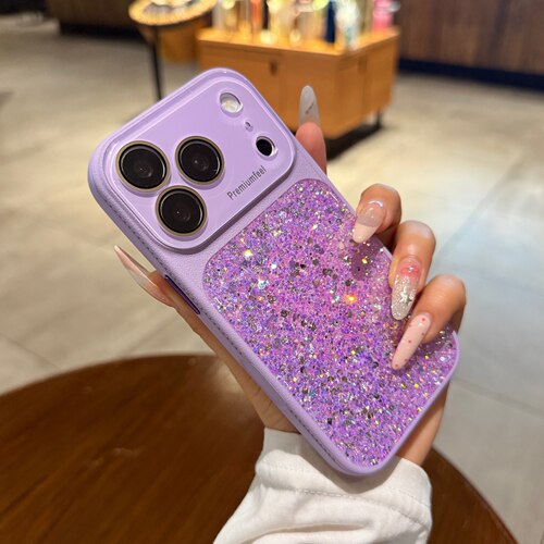 紫色bling亮片闪粉适用苹果17promax手机壳iphone16pro高级感新款15秒变17大视窗镜头膜全包14防摔女13保护套