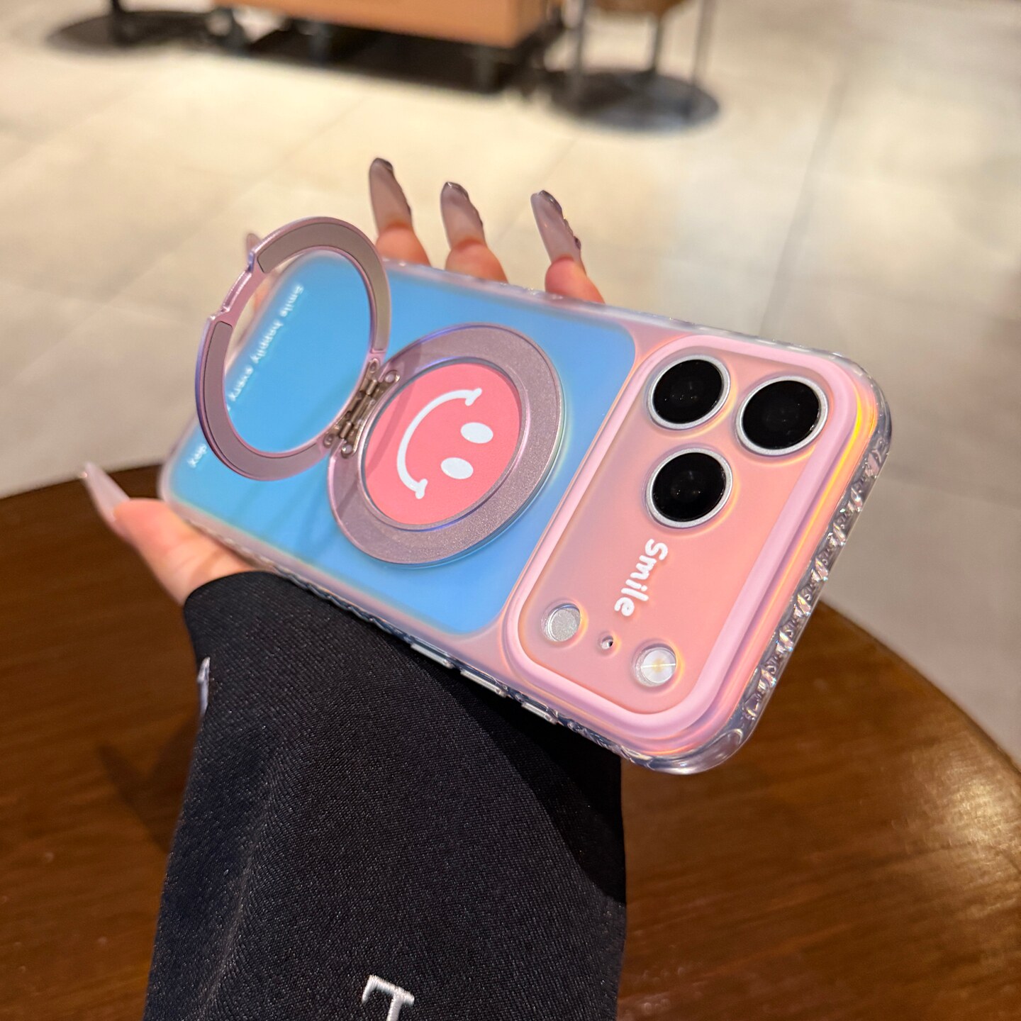粉色笑脸旋转支架适用苹果17promax手机壳iphone18pro新款Magsafe磁吸16粉蓝镭射渐变15PM大视窗硅胶保护套女