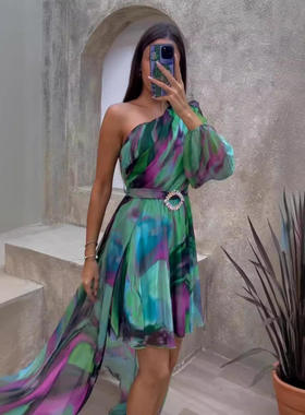 2023欧美 亚马逊绿色印花dress斜肩连衣裙一步裙2023年夏季