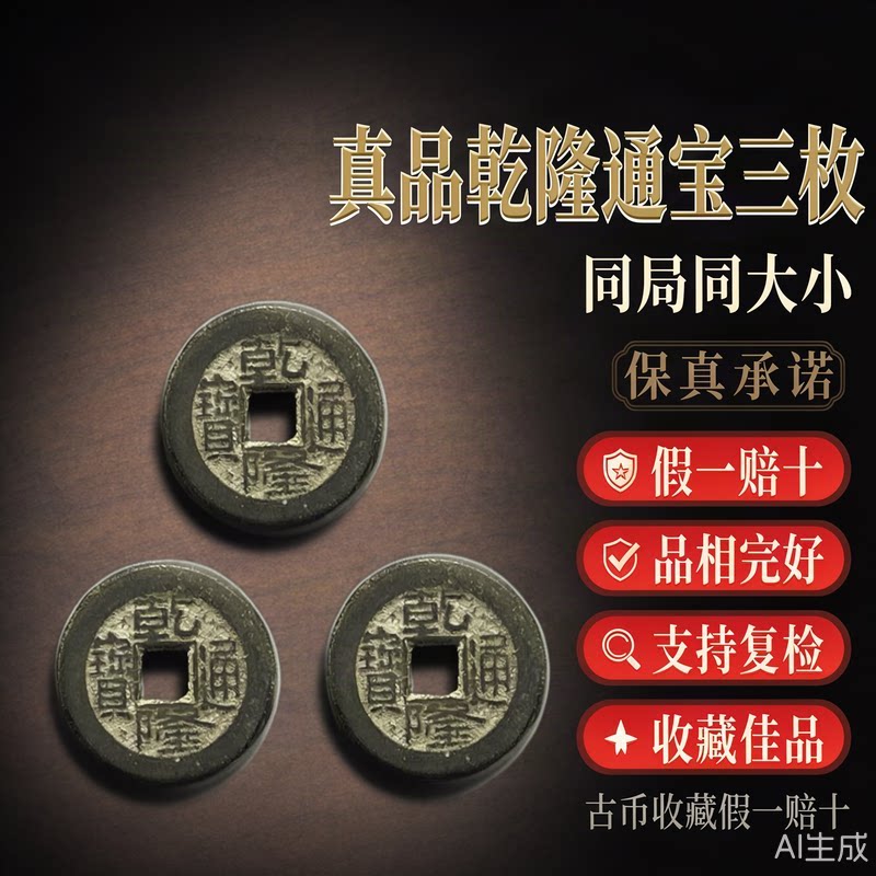 三枚真品乾隆通宝保真传世古铜钱币纯黄铜清代老包浆五帝钱之一
