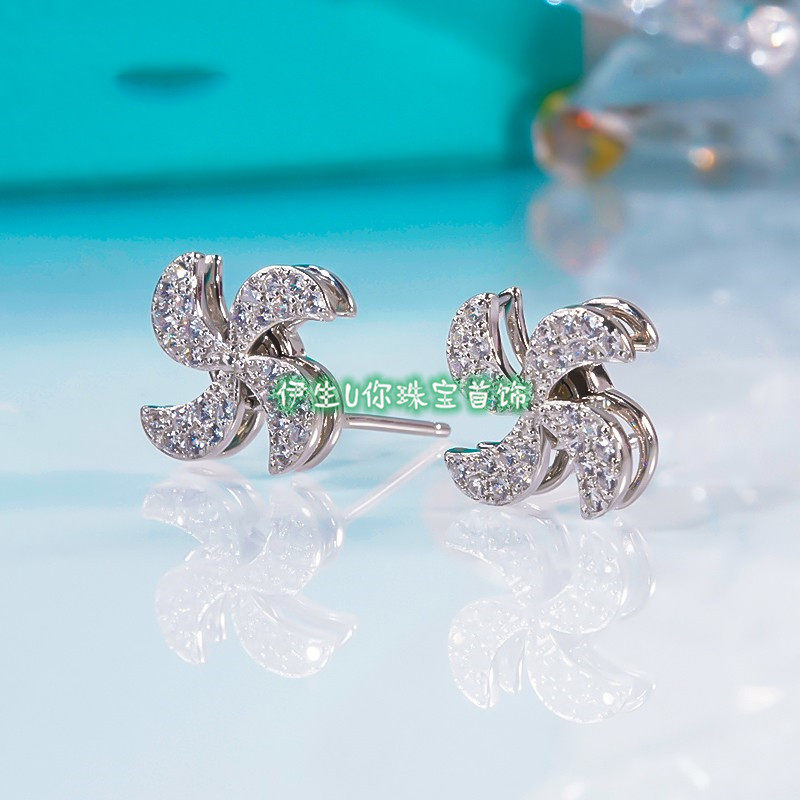 18K白金美国进口D色莫桑石满钻可旋转风车耳饰AU750黄金百搭耳钉