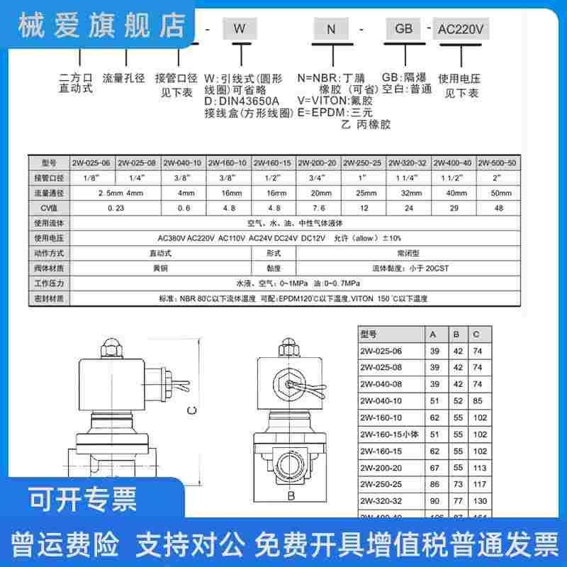 220V铜水用电磁阀常闭黄铜电控水阀4分2W160-15阀门025-08DN50 25