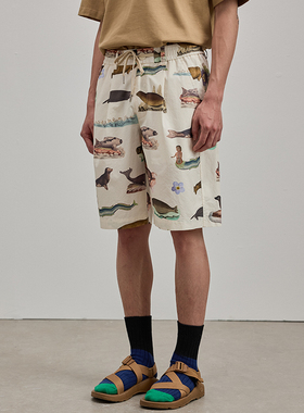 WtW 22SS 夏 纯棉夏威夷度假满印松紧腰抽绳休闲短裤