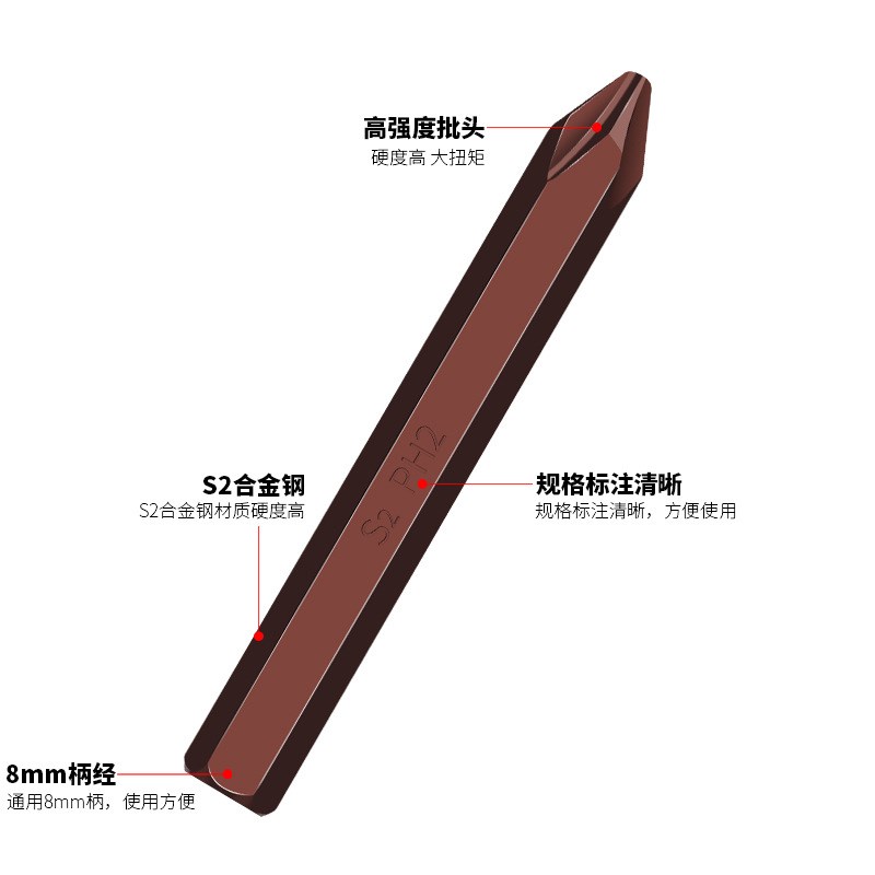 冲击螺丝刀头十字撞批头内六r角S2合金钢高硬度8mm柄PH1/PH2/PH3