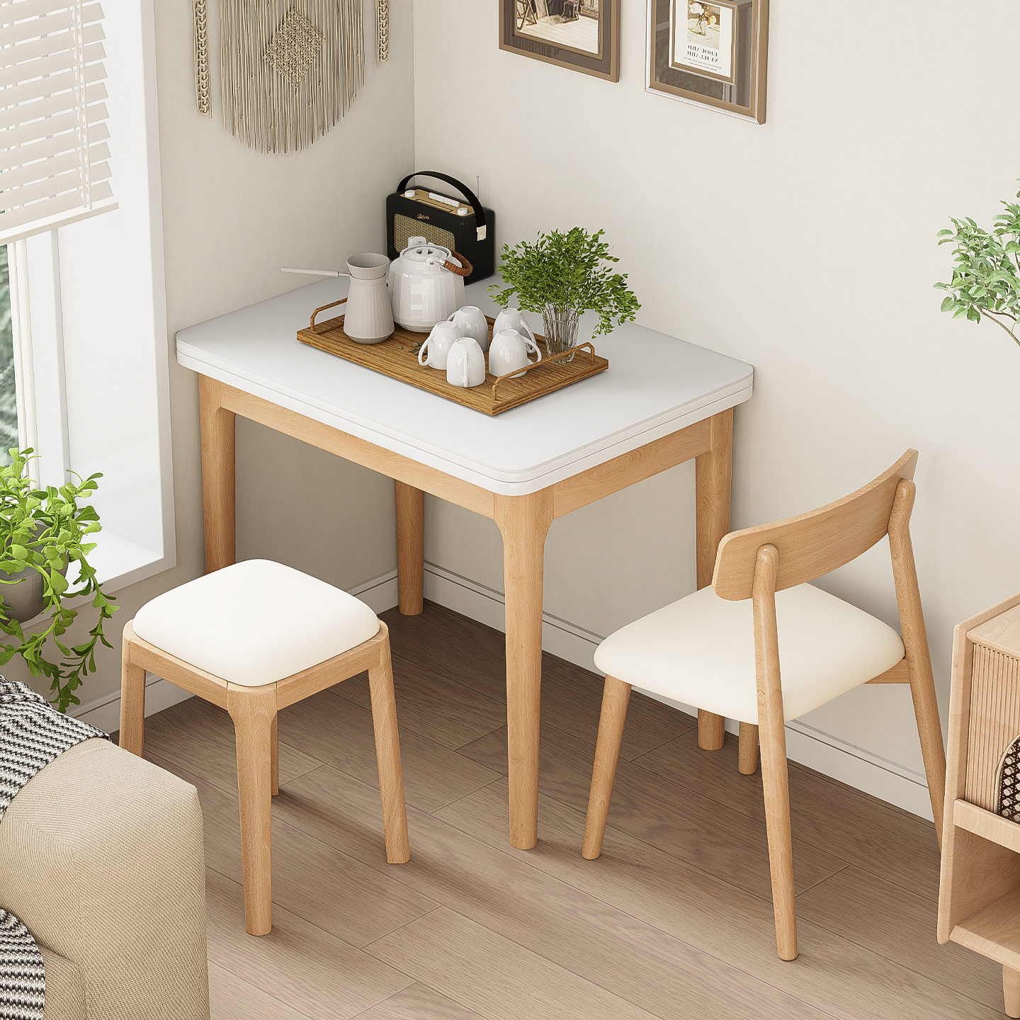 奶油风岩板家用实木餐桌椅组合小户型折叠多功能靠墙方形吃饭桌