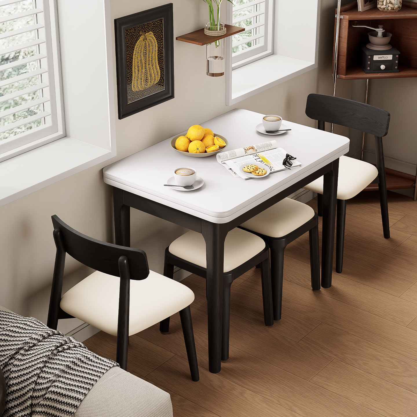 复古风岩板家用实木餐桌椅组合小户型折叠多功能靠墙方形变形桌子