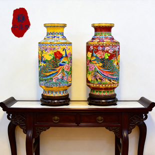 北京珐琅景泰蓝20寸孔雀牡丹花瓶中国非遗新中式宫廷风客厅摆件