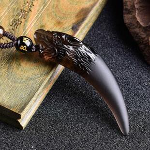 天然冰种黑曜石狼牙吊坠黑绳项链男潮夏季小众设计感挂绳水晶配饰