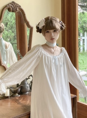 米栗韩版春秋可爱日系刺绣甜美宫廷风外穿长袖睡裙家居服连衣裙