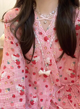米栗原创甜美草莓KT猫印花纯棉双层纱日式睡衣女春夏新款宽松家居