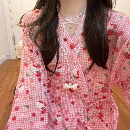 甜美草莓KT猫印花纯棉睡衣女