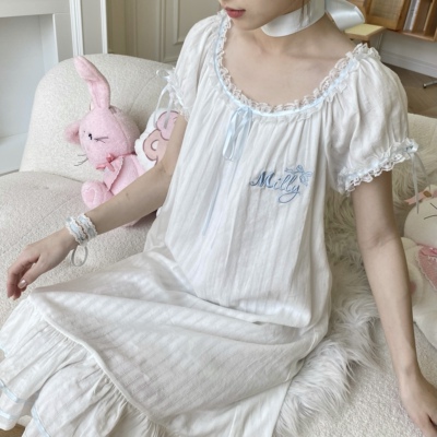 纯棉胖妹妹mm宽松春秋季法式刺绣甜美宫廷风短袖睡裙家居服连衣