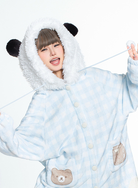 新格子睡衣女秋冬季长袖毛绒可爱卡通印花宽松连帽家居服睡裙套装