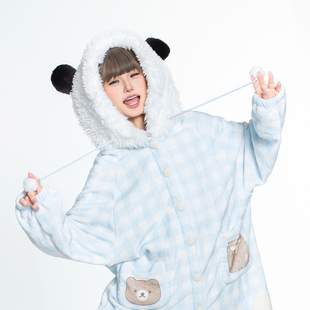 毛绒可爱卡通印花宽松连帽家居服睡裙套装 新格子睡衣女秋冬季 长袖