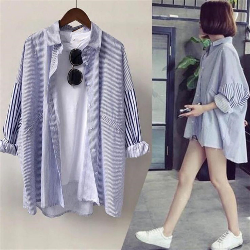 春季新款中长款条纹女装衬衫学生大码宽松百搭韩范男友风长袖外套