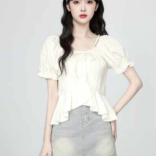 法式杏色不规则短袖衬衫