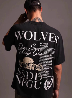 DARC男女同款夏季字母印花宽松潮牌骷髅T恤百搭纯棉美式重磅上衣