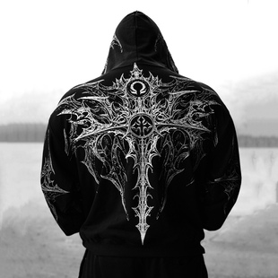 Breathedivinity新款哥特风运动健身毛圈拉链连帽外套 男女同款