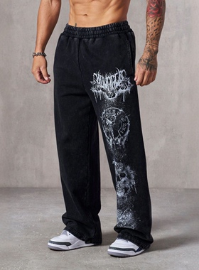 YOUNGLA美式潮牌男士运动裤健身房运动健身宽松直筒印花休闲长裤