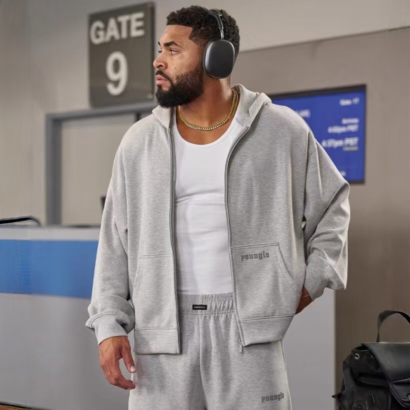 YOUNGLA美式新款男士拉链开衫卫衣外套慢跑运动健身印花休闲连帽