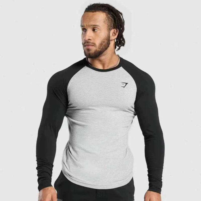 Gymshark raglan long sleeves鲨鱼拼色长袖弹力棉修身运动健身男