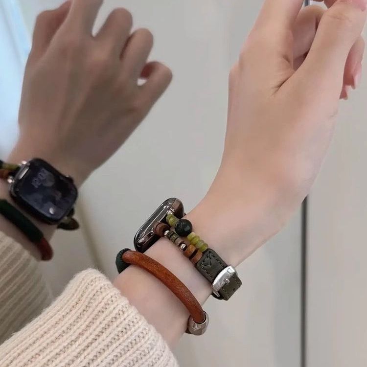 适用oppo watch-X/X2串珠真皮拼接天然石手链mini3/4Pro创意