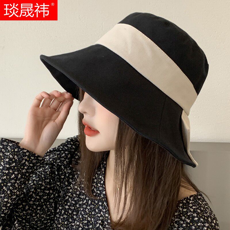 韩国渔夫帽女夏天宽边防晒遮阳帽韩版新款拼色贴布蝴蝶结全棉盆帽