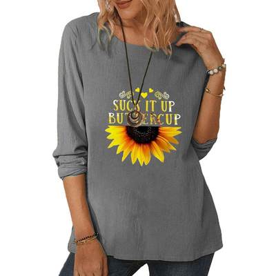 Womens Round Neck Long Sleeve Sunflower Print Casual Loose