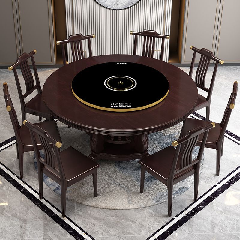 新款全实木餐桌家用大圆桌带电磁炉暖菜板电动转盘餐桌商用餐饮店