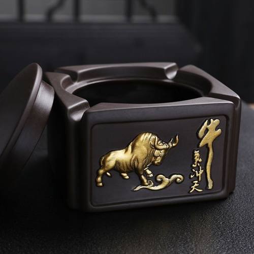 紫砂烟灰缸带盖办公室商务家用客厅功夫茶几装饰品防灰飞创意烟盅