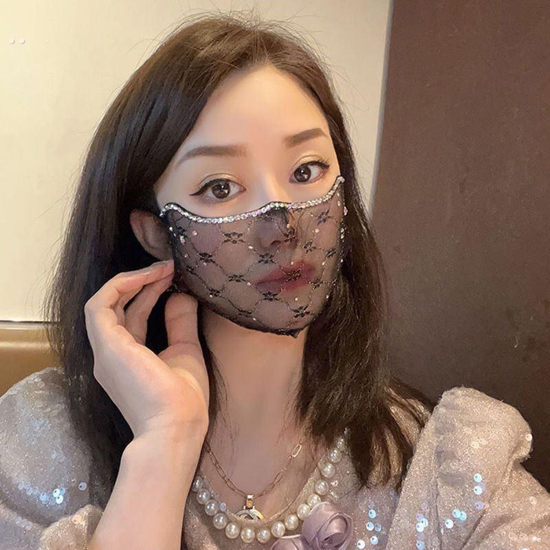 轻薄透气双层蕾丝防晒带钻口罩高颜值女款透气面纱面罩