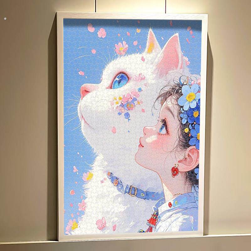 小女孩的猫拼图一千片纸质温暖治愈系插画送男女生日礼物装饰挂画