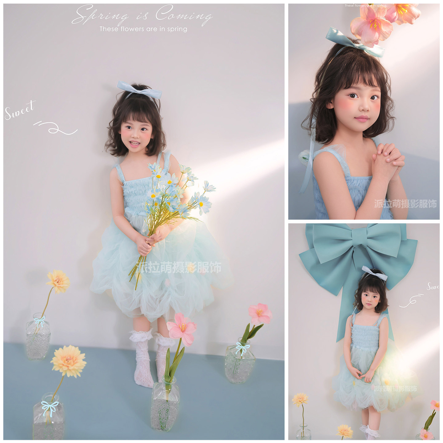 新款春季小清新蒂芙尼蓝蝴蝶结甜美女童拍照蓝色tutu裙影楼艺术照