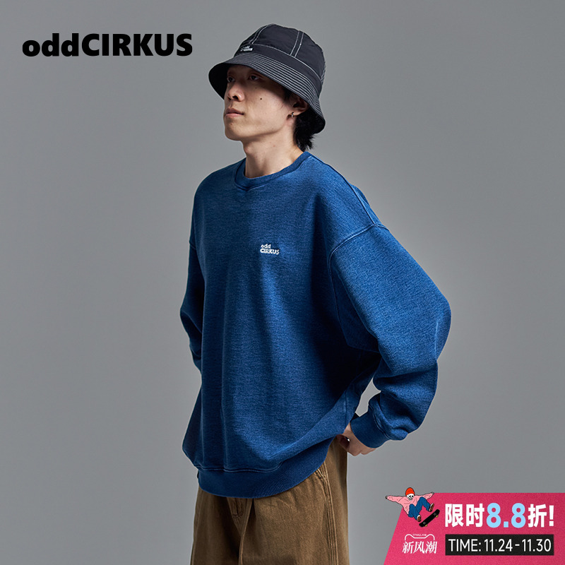 oddCIRKUS牛仔卫衣日系复古水洗牛仔圆领卫衣男女同款休闲套头衫