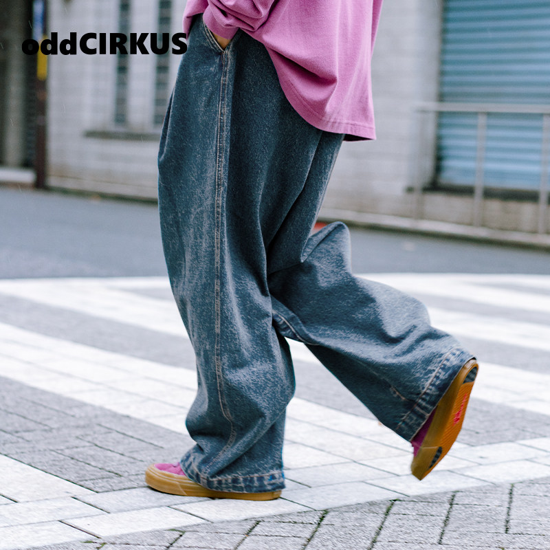 oddCIRKUS牛仔裤 日系复古宽松水洗蓝牛仔裤男女同款美式街头长裤
