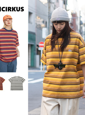 oddCIRKUS条纹T恤 日系街头姜黄色条纹短袖圆领T恤男女同款新款