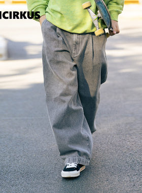 oddCIRKUS牛仔裤 日系街头灰色水洗牛仔裤宽松丹宁长裤男女同款