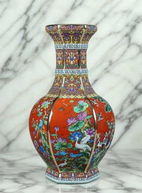 仿古珐琅彩花鸟六方瓶景德镇中式陶瓷家居客厅装饰花瓶工艺品