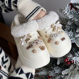 外穿防滑防水室内EVA厚底学生宿舍保暖棉鞋 卡通猫鱼棉拖鞋 女冬季