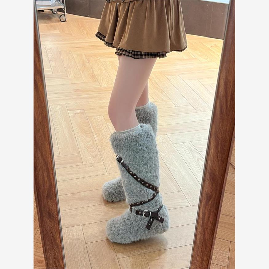 复古风皮带扣长筒雪地靴