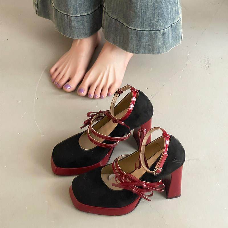 法式甜酷粗跟玛丽珍鞋女2026年春季新款方头蝴蝶结一字扣带小皮鞋,女鞋,玛丽珍鞋,淘宝优惠券,粉丝福利购,淘宝优惠卷